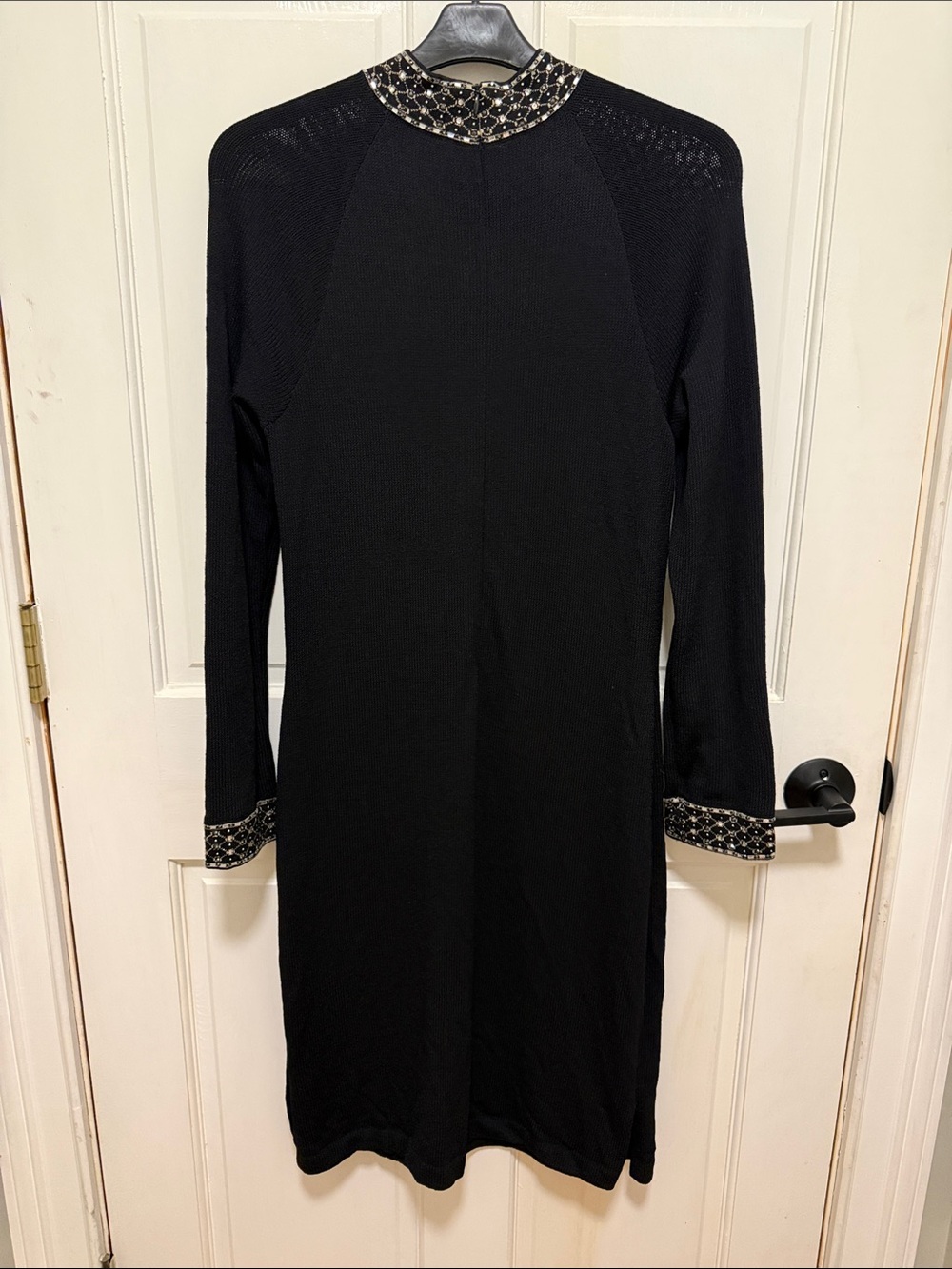 St. John Black Long-Sleeve Knit Dress with Jeweled Collar and Sleeves -Size 8 - Picture 2 of 11